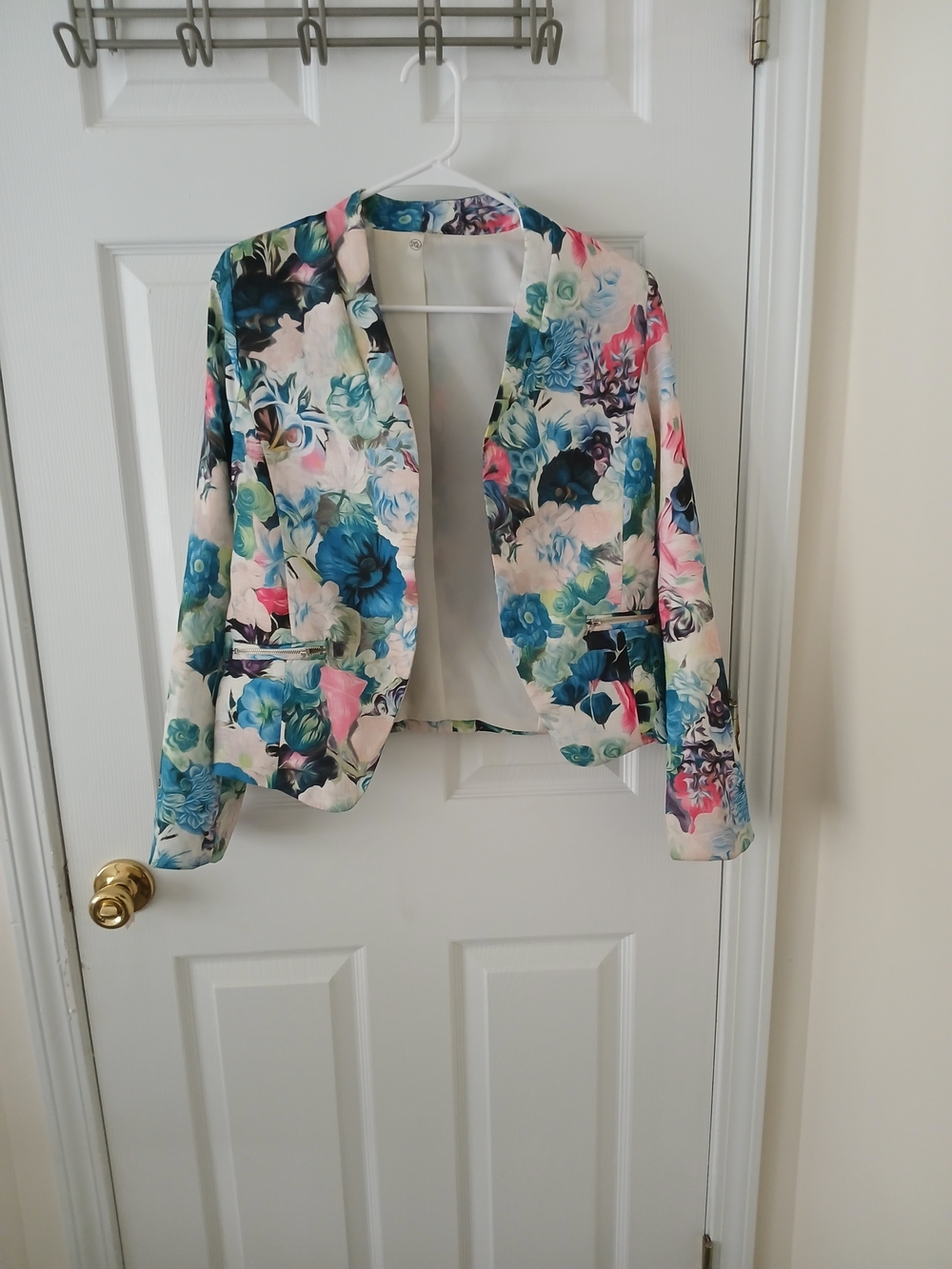 Women's Floral Open-Front Blazer Jacket - Blue & Pink